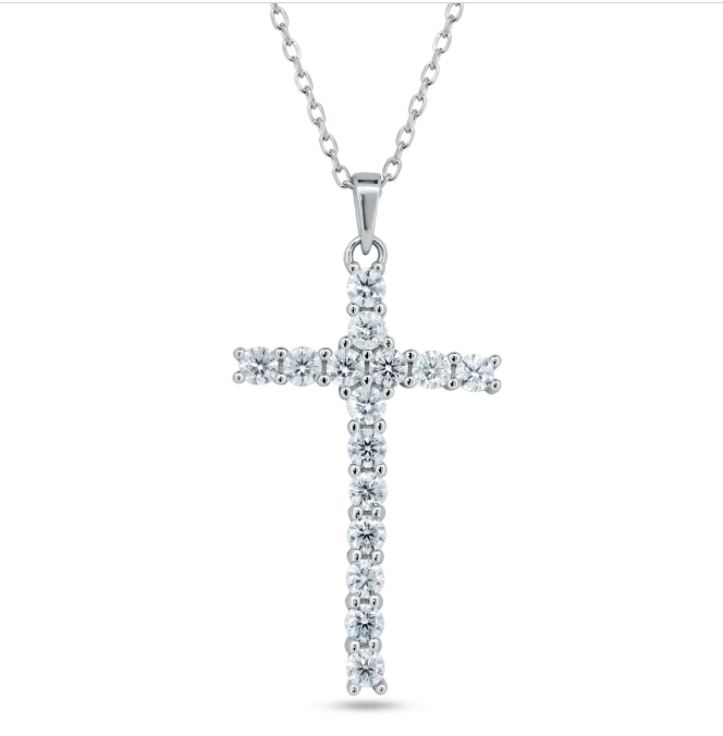 Moissanite Devotion Cross Necklace | Rhodium-Plated Sterling Silver | Certificate Included