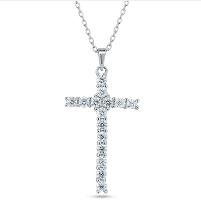 Moissanite Devotion Cross Necklace | Rhodium-Plated Sterling Silver | Certificate Included
