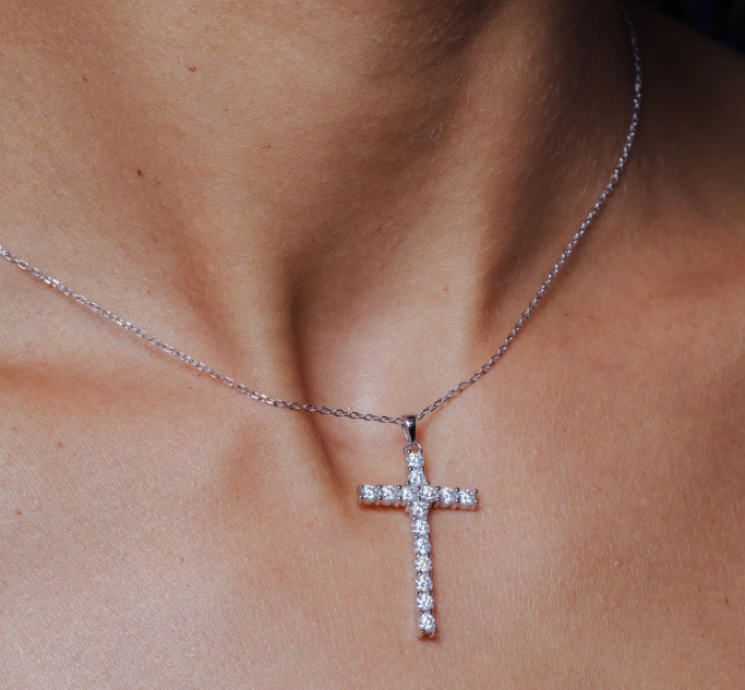 Moissanite Devotion Cross Necklace | Rhodium-Plated Sterling Silver | Certificate Included