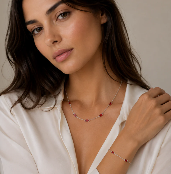 Red Moissanite Station Necklace | 0.5CT Each | Rhodium-Plated Sterling Silver | Certificate Included