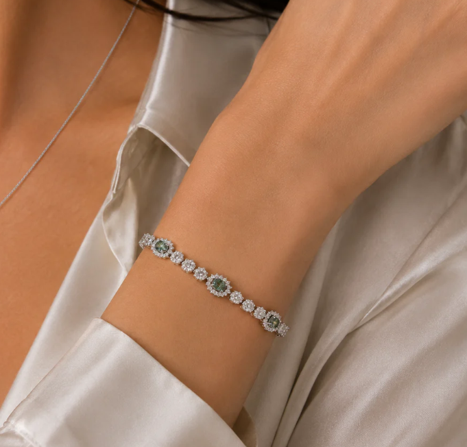 Green Moissanite Bloom Bracelet | 0.3CT Each | Rhodium-Plated Sterling Silver | Certificate Included