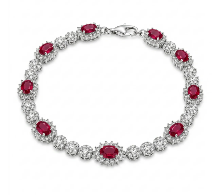 Red Moissanite Bloom Bracelet | 0.3CT Each | Rhodium-Plated Sterling Silver | Certificate Included