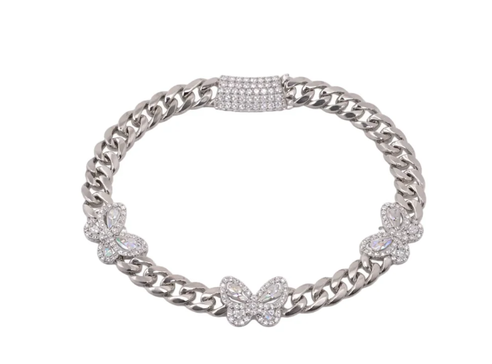 Moissanite Cuban Butterfly Bracelet | Rhodium-Plated Sterling Silver | Certificate Included