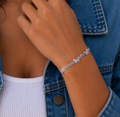 Moissanite Cuban Butterfly Bracelet | Rhodium-Plated Sterling Silver | Certificate Included