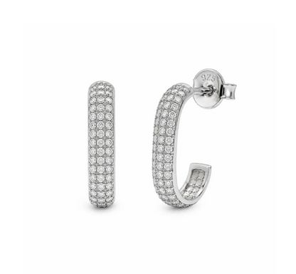 Moissanite Triple Row Hoop Earrings | Rhodium-Plated Sterling Silver | Certificate Included