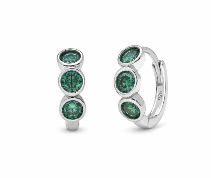 Green Moissanite Huggie Hoop Earrings | Rhodium-Plated Sterling Silver | Certificate Included