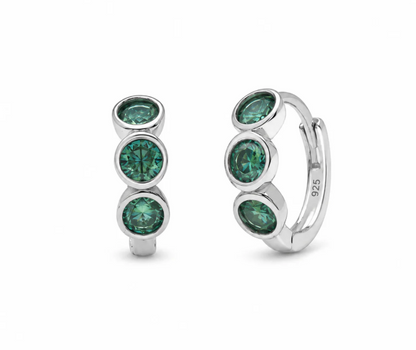 Green Moissanite Huggie Hoop Earrings | Rhodium-Plated Sterling Silver | Certificate Included