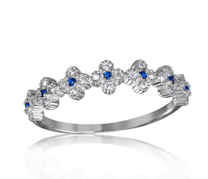 Blue Moissanite Clover Half Eternity Ring | Rhodium-Plated Sterling Silver | Certificate Included