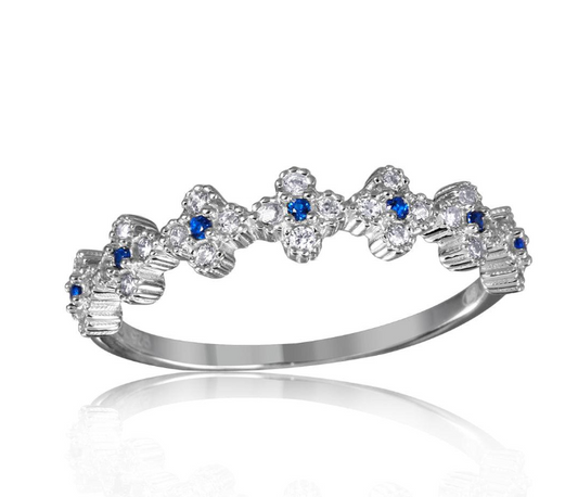 Blue Moissanite Clover Half Eternity Ring | Rhodium-Plated Sterling Silver | Certificate Included