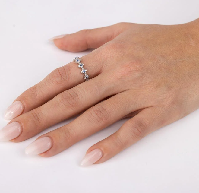 Blue Moissanite Clover Half Eternity Ring | Rhodium-Plated Sterling Silver | Certificate Included