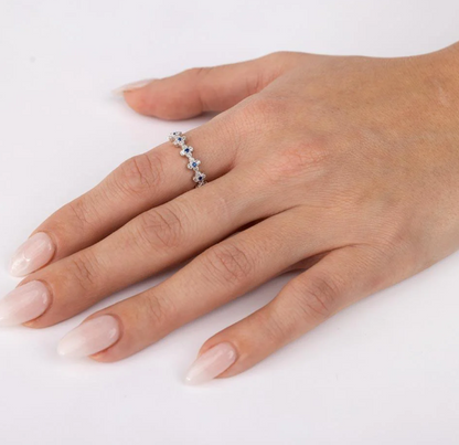 Blue Moissanite Clover Half Eternity Ring | Rhodium-Plated Sterling Silver | Certificate Included