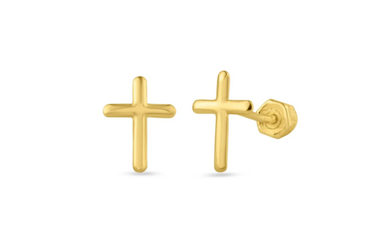 Dainty Cross Stud Earrings | 5 × 7MM | 14K Yellow Gold
