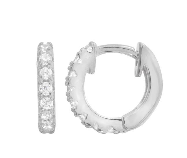 CZ Dainty Huggie Hoop Earrings | 9.3MM | Rhodium-Plated Sterling Silver