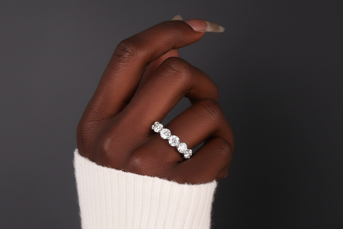 Orange Moissanite Half Eternity Ring | 950 Platinum-Plated Sterling Silver | Certificate Included