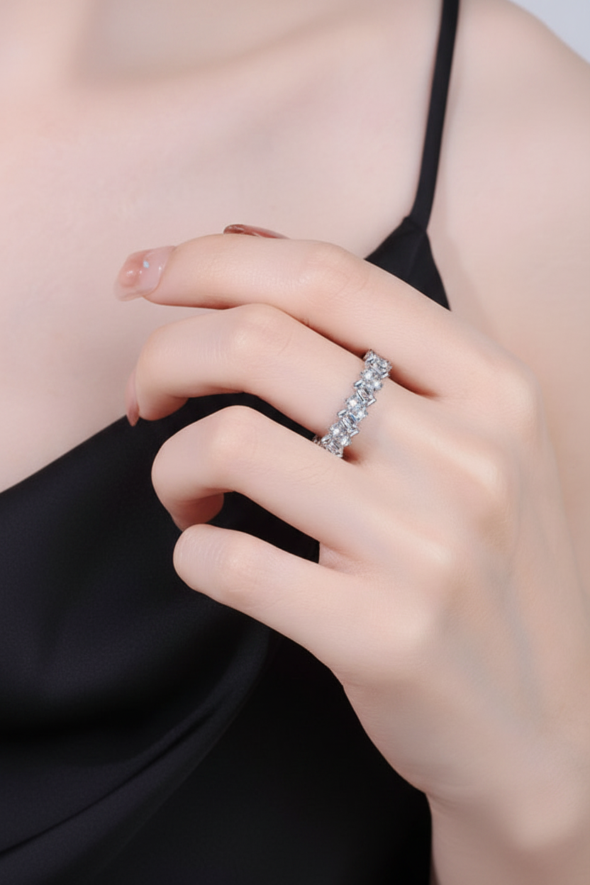Moissanite Emerald & Round Cut Eternity Ring | 950 Platinum-Plated Sterling Silver | Certificate Included