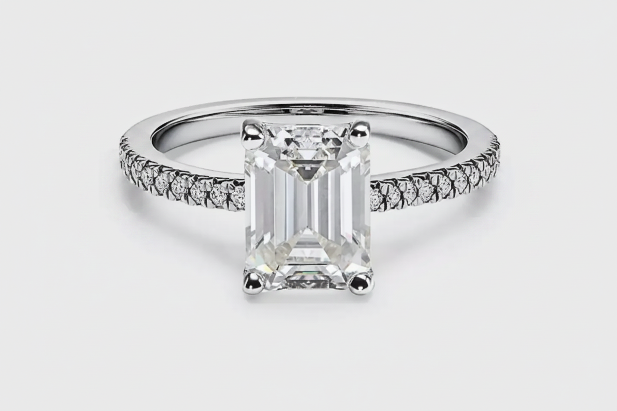 Moissanite Radiant Solitaire with Pavé Ring | 950 Platinum-Plated Sterling Silver | Certificate Included