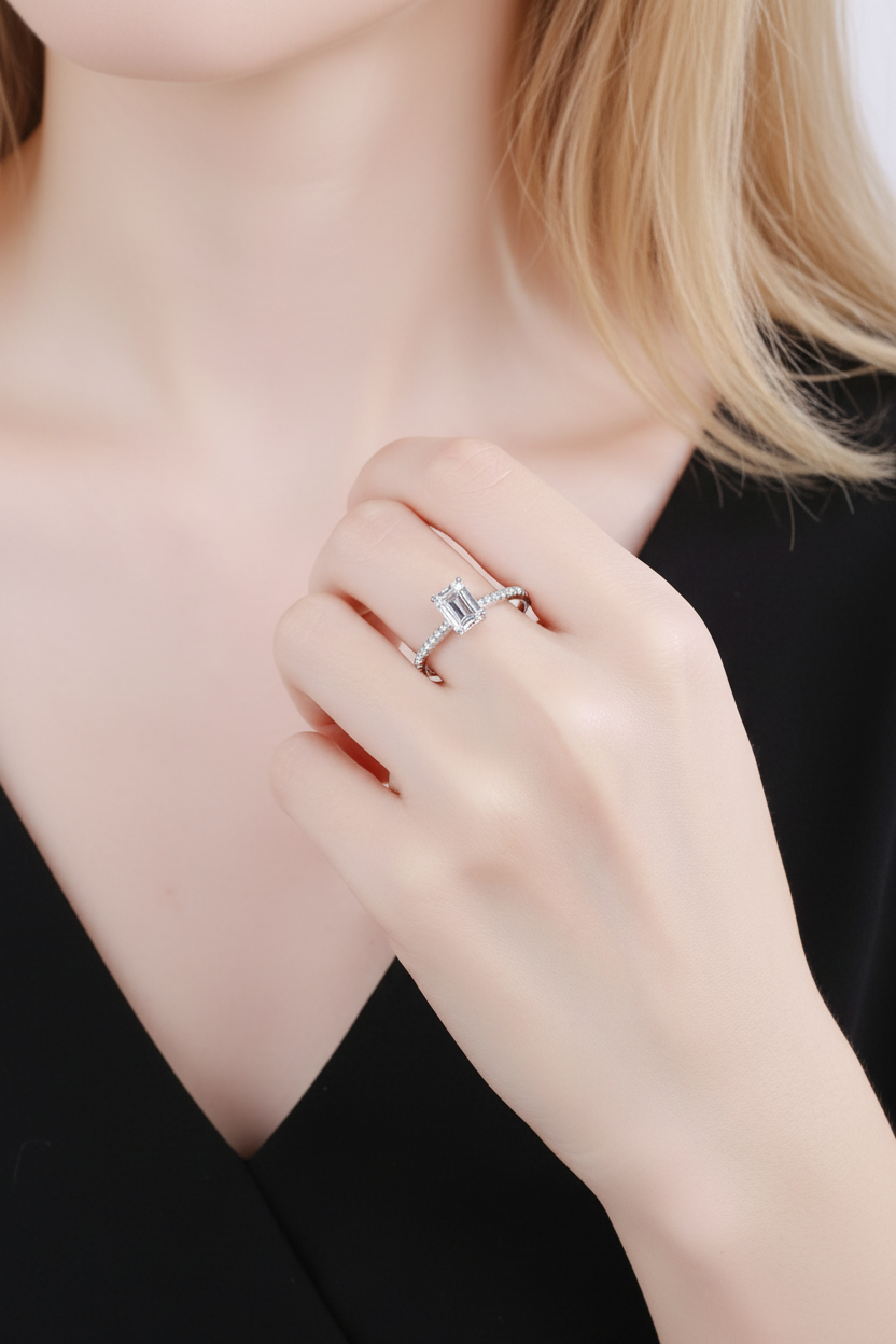 Moissanite Radiant Solitaire with Pavé Ring | 950 Platinum-Plated Sterling Silver | Certificate Included