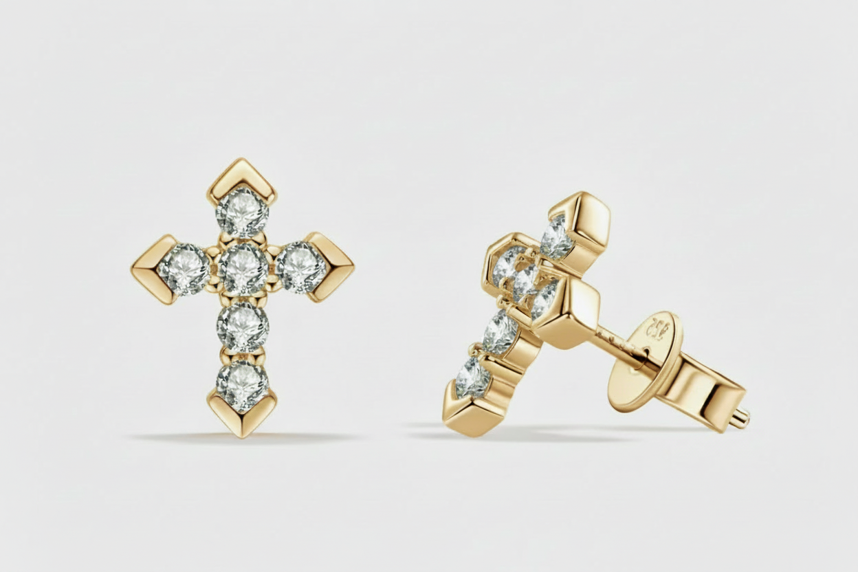 Moissanite Faith Cross Stud Earrings | 12x10MM | 18K Gold or 950 Platinum-Plated Sterling Silver | Certificate Included