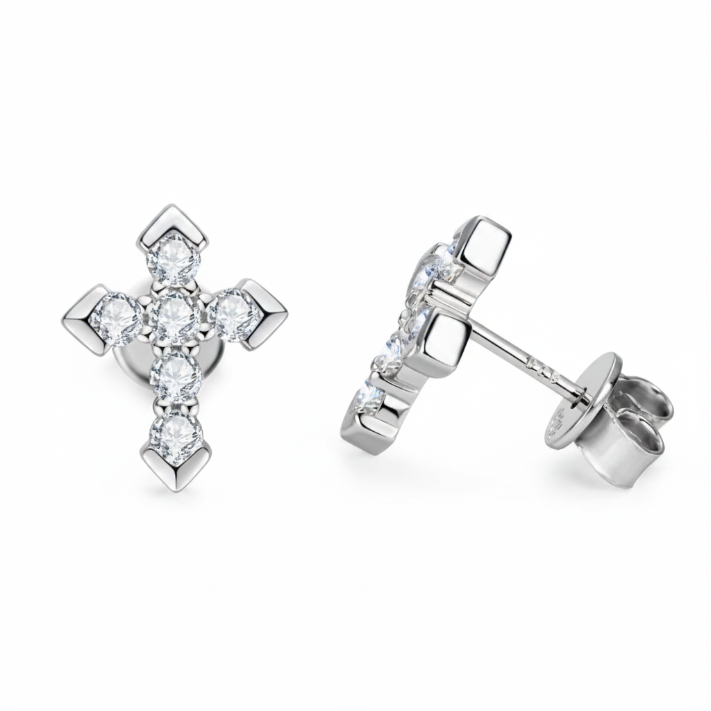 Moissanite Faith Cross Stud Earrings | 12x10MM | 18K Gold or 950 Platinum-Plated Sterling Silver | Certificate Included