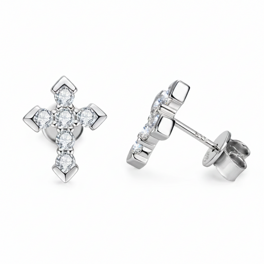 Moissanite Faith Cross Stud Earrings | 12x10MM | 18K Gold or 950 Platinum-Plated Sterling Silver | Certificate Included