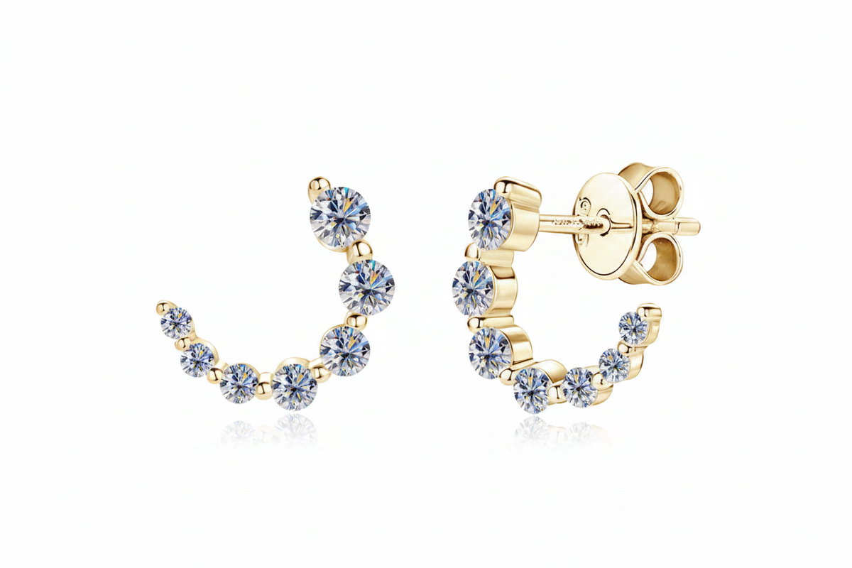 Moissanite Crescent Stud Earrings | 13×9.15MM | 18K Gold or 950 Platinum-Plated Sterling Silver | Certificate Included