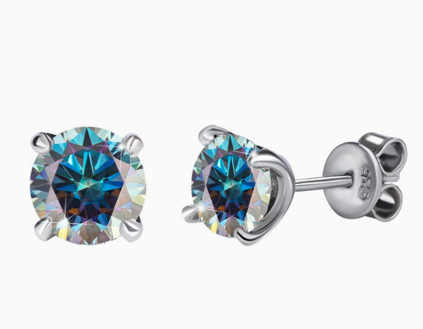 Color Moissanite Round Stud Earrings | Blue | 6.5MM | 1.0CT Each (2.0CT Total) | 950 Platinum-Plated Sterling Silver | Certificate Included