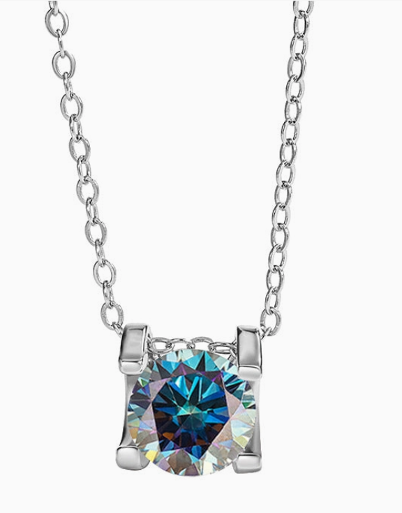 Color Moissanite Solitaire Pendant Necklace | Blue |8MM | 2.0CT | 950 Platinum-Plated Sterling Silver | Certificate Included