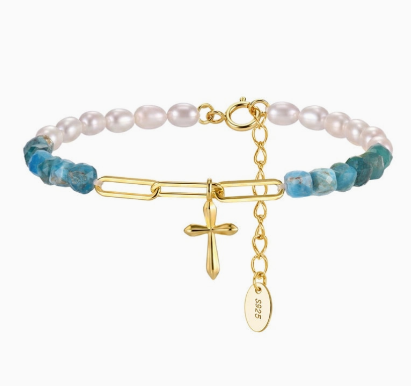 Apatite & Pearl Cross Bracelet | 18K Gold-Plated Sterling Silver