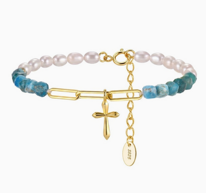 Apatite & Pearl Cross Bracelet | 18K Gold-Plated Sterling Silver