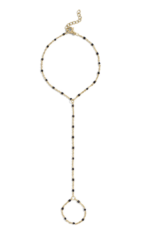 Black Bead Station Hand Chain Bracelet | Gold or Steel | 316L Stainless Steel