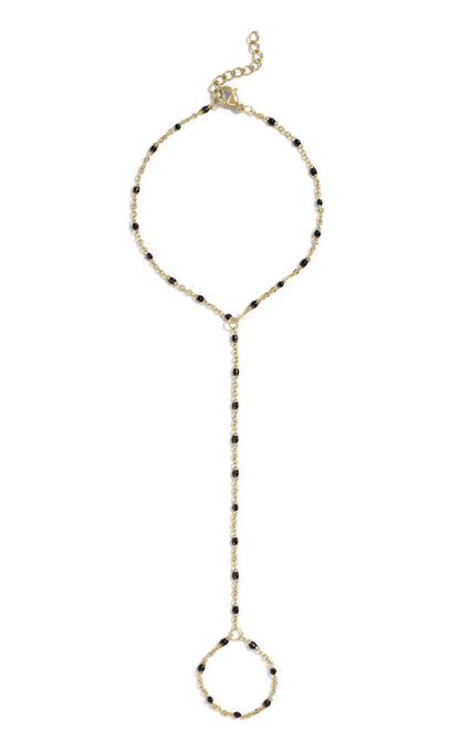 Black Bead Station Hand Chain Bracelet | Gold or Steel | 316L Stainless Steel