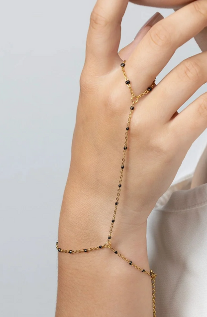 Black Bead Station Hand Chain Bracelet | Gold or Steel | 316L Stainless Steel