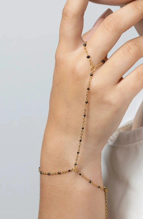 Black Bead Station Hand Chain Bracelet | Gold or Steel | 316L Stainless Steel