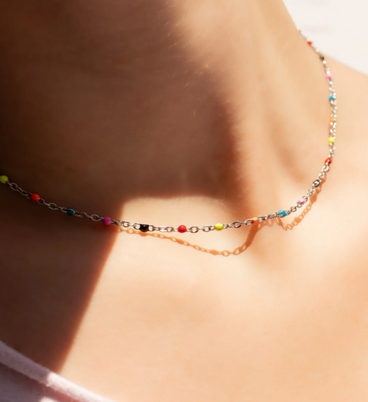 Colorful Bead Station Necklace | Gold or Steel | 316L Stainless Steel