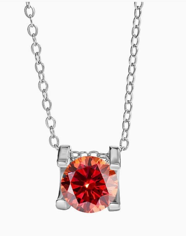 Color Moissanite Solitaire Pendant Necklace | Orange |8MM | 2.0CT | 950 Platinum-Plated Sterling Silver | Certificate Included