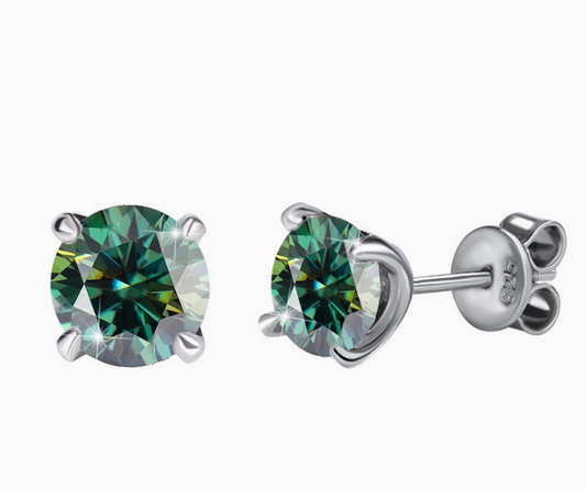 Color Moissanite Round Stud Earrings | Green | 6.5MM | 1.0CT Each (2.0CT Total) | 950 Platinum-Plated Sterling Silver | Certificate Included