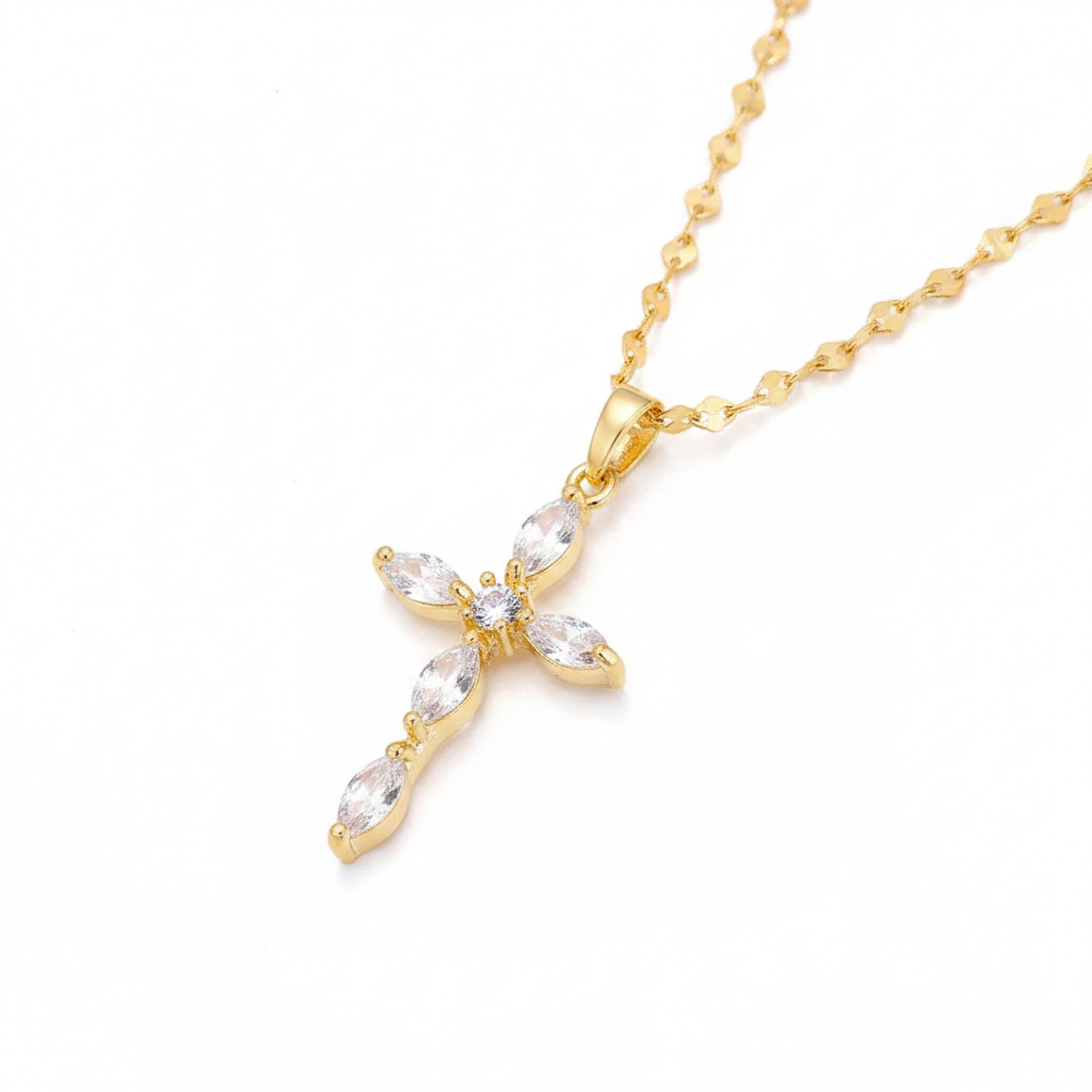 Cross Lip Chain Necklace | Colorless or Pink | 18K Gold PVD | 316L Stainless Steel