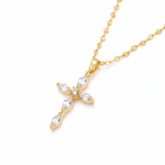 Cross Lip Chain Necklace | Colorless or Pink | 18K Gold PVD | 316L Stainless Steel