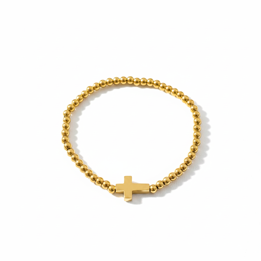 Beaded Cross Stretch Bracelet | 4mm | Gold or Silver | 18K Gold PVD | 304 Stainless Steel