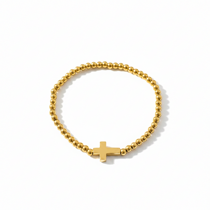 Beaded Cross Stretch Bracelet | 4mm | Gold or Silver | 18K Gold PVD | 304 Stainless Steel