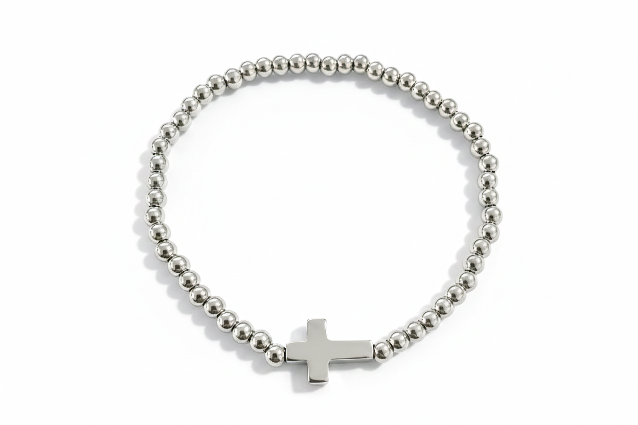 Beaded Cross Stretch Bracelet | 4mm | Gold or Silver | 18K Gold PVD | 304 Stainless Steel