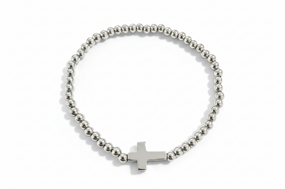 Beaded Cross Stretch Bracelet | 4mm | Gold or Silver | 18K Gold PVD | 304 Stainless Steel