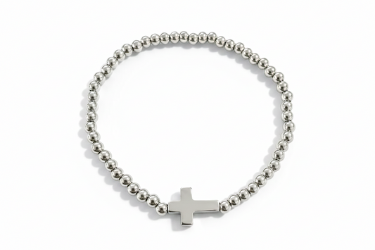 Beaded Cross Stretch Bracelet | 4mm | Gold or Silver | 18K Gold PVD | 304 Stainless Steel