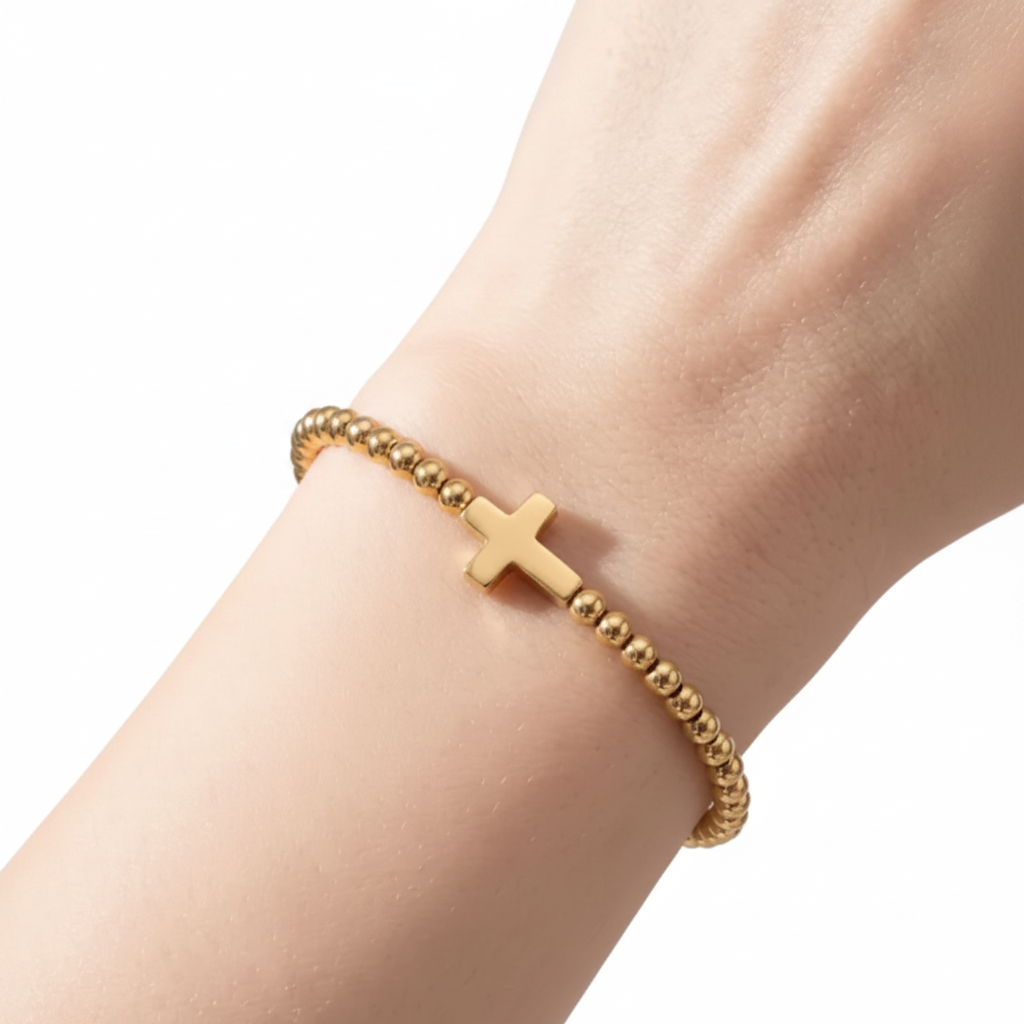 Beaded Cross Stretch Bracelet | 4mm | Gold or Silver | 18K Gold PVD | 304 Stainless Steel