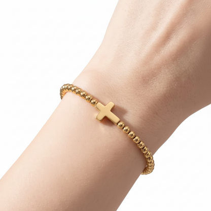Beaded Cross Stretch Bracelet | 4mm | Gold or Silver | 18K Gold PVD | 304 Stainless Steel