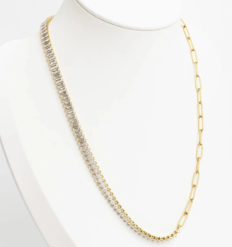 Emerald-Cut CZ & Paperclip Tennis Necklace | 5.7MM | 18K Gold PVD or Steel | 316L Stainless Steel