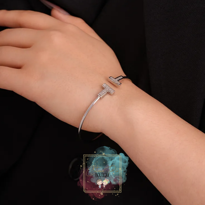 Thin T-Bar Cuff / Bracelet - Stainless Steel Plated w/ Zircon