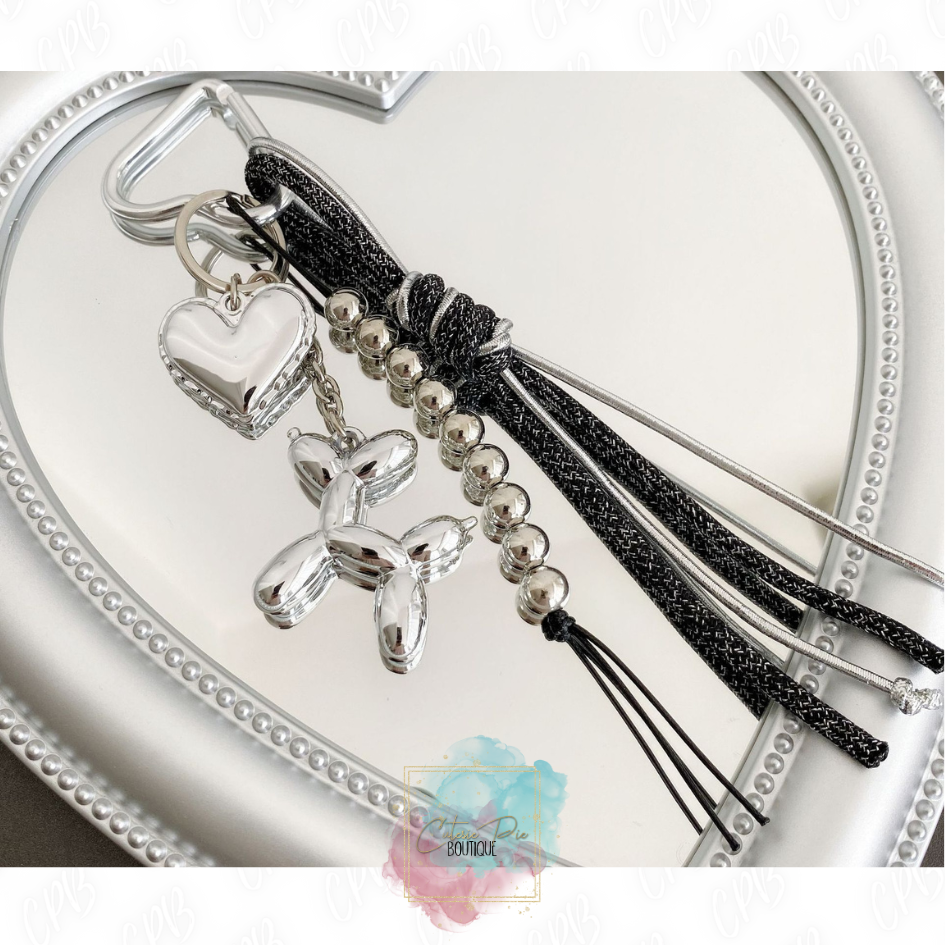 Bag Charm / Keychain - MULTI LAYER Black/Silver w/ Balloon Puppy and Heart