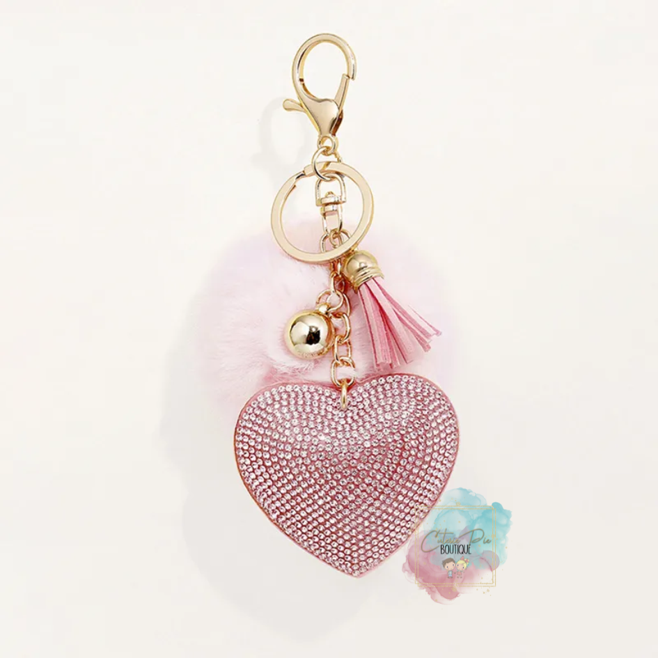 Bling Heart + Pom Pom + Tassel Charm Keychain / Bag Charm