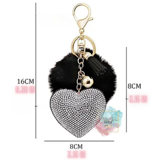 Bag Charm / Keychain - Bling Heart w/ Pom Pom & Tassel